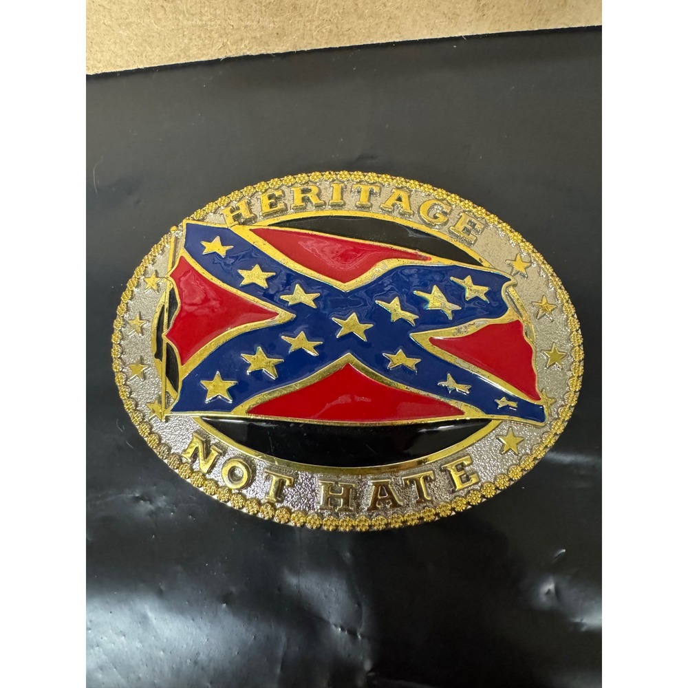 Heritage Not Hate Confederate Flag Belt Buckle Rebel Southern Oval Red Blue